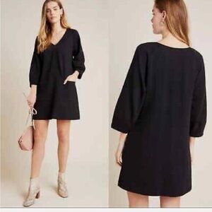 Anthropologie Maeve Angelika V-Neck 3/4 Sleeve Tunic Mini Dress Black Medium